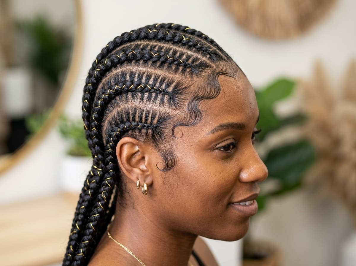 Stitch Feed-In Cornrows & Gold Thread